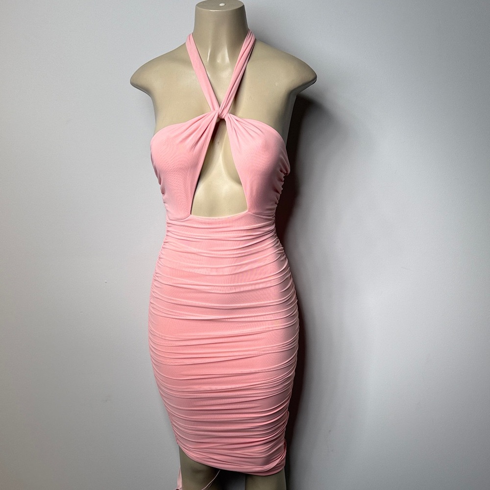 Oh Polly Peach Twist Cutout Ruched Bodycon Dress